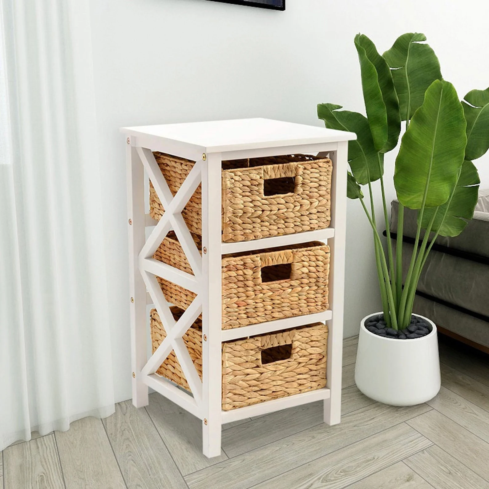 3-Tier X-Side End Storage Cabinet — 3 Water Hyacinth Wicker Baskets