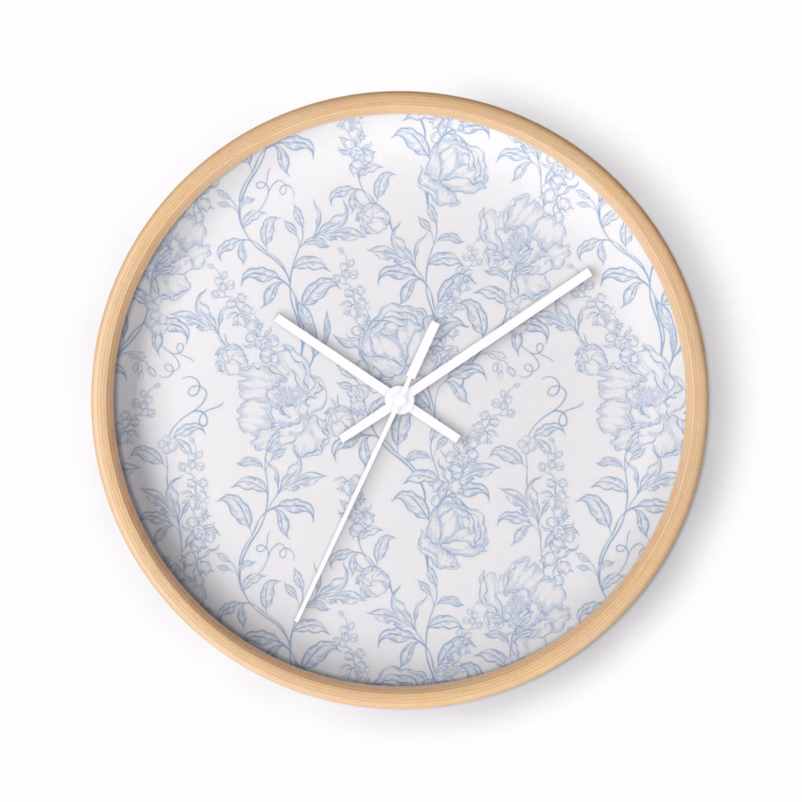 Floral Blue & White Wall Clock — Wood Frame Analog Hanging Clock