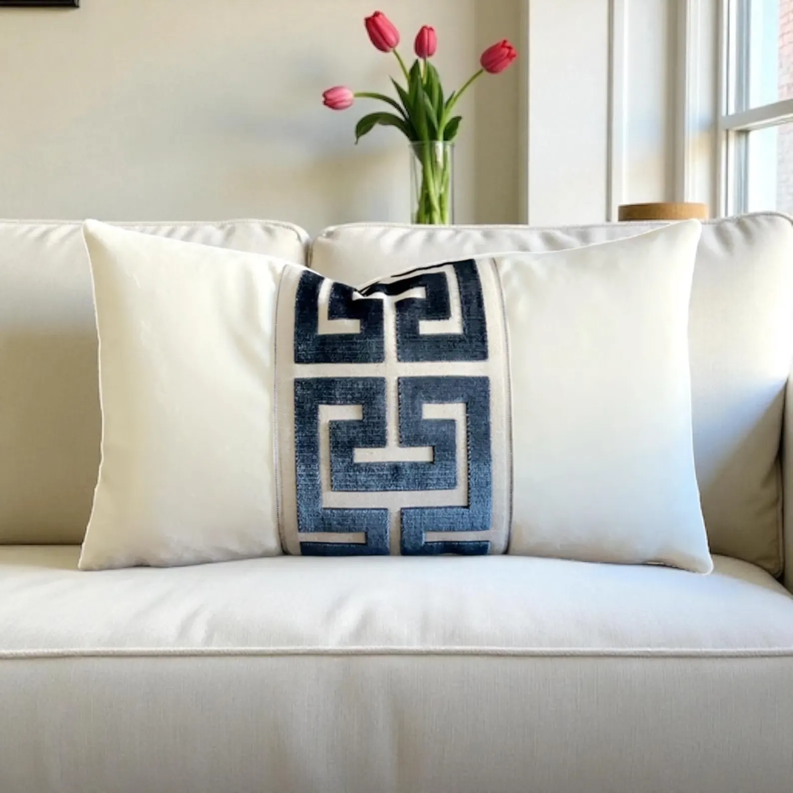 Cream Velvet Pillow with Blue Greek Key Trim