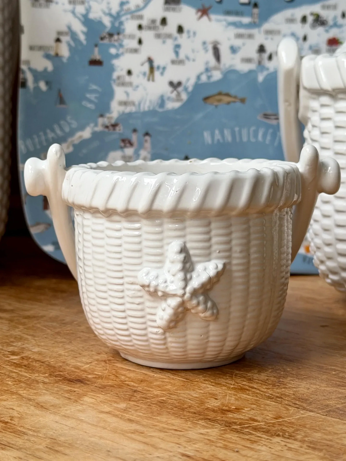 Vintage White Ceramic Basketweave Tureen with Starfish Handles