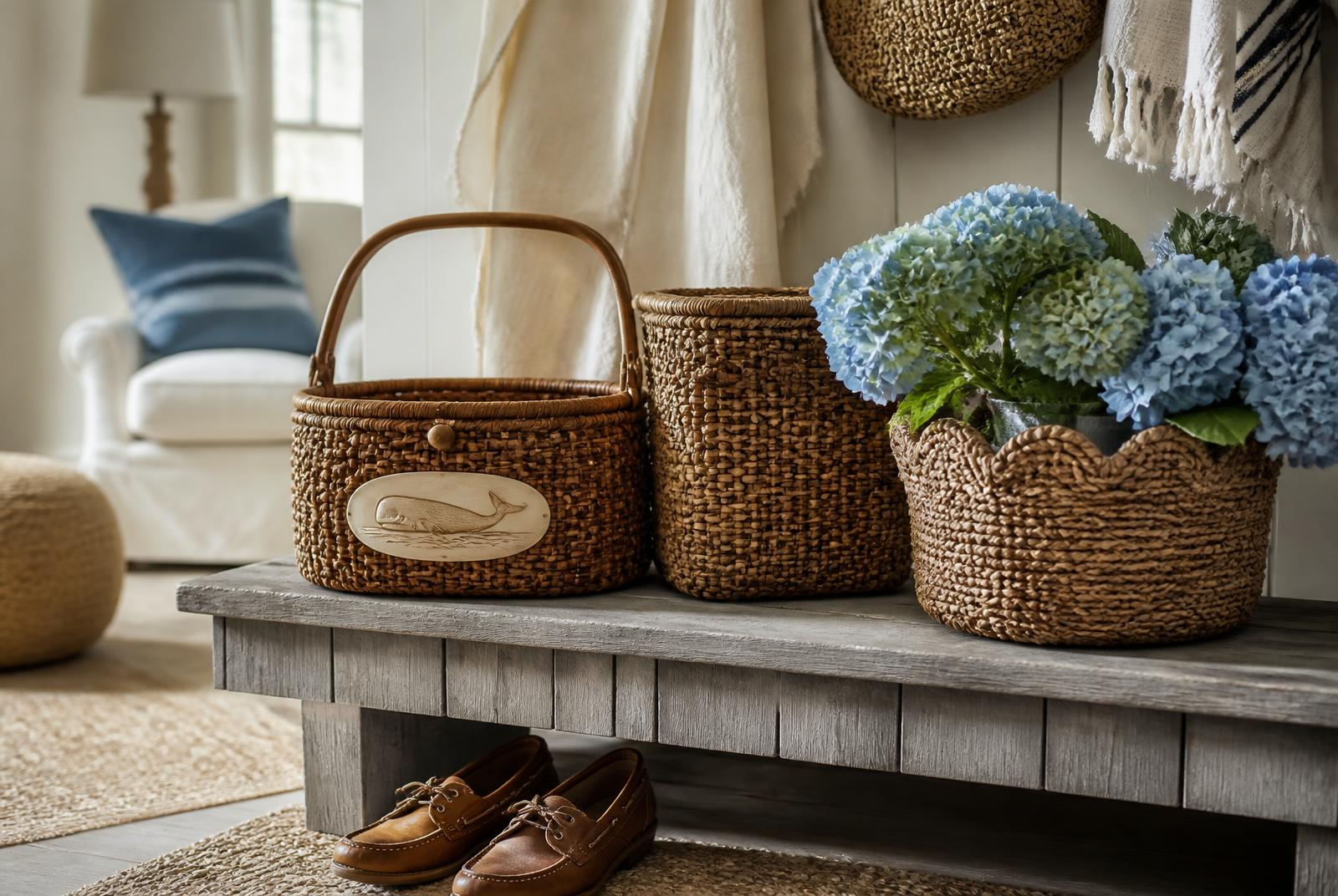 Antique Nantucket lightship baskets with a carved whale plaque, styled on a weathered bench with blue hydrangeas