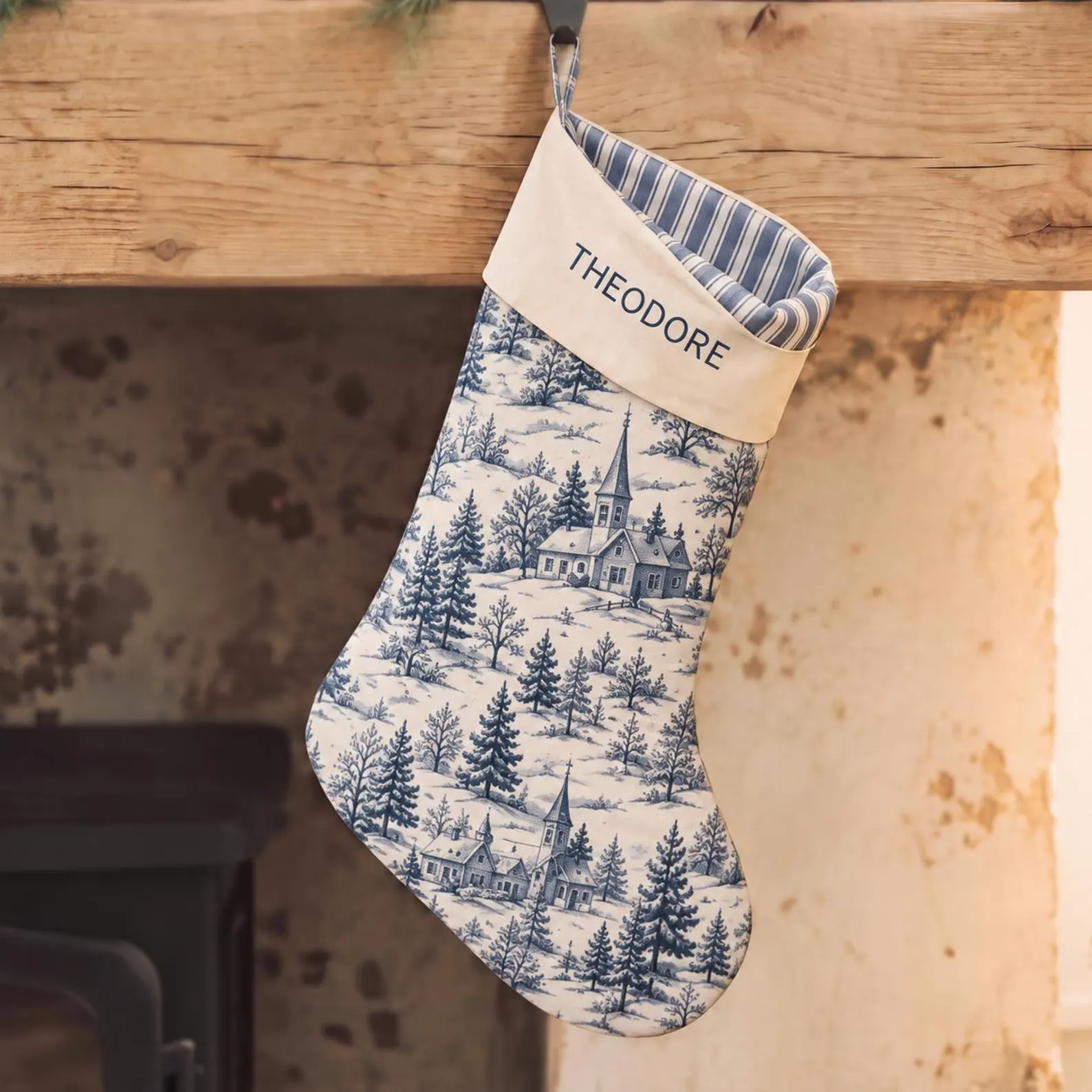 Personalized Blue Toile Christmas Stocking — Winter Village Toile with Striped Cuff