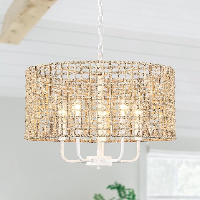 ELYCCUPA 6-Light Woven Seagrass Drum Chandelier (Adjustable)