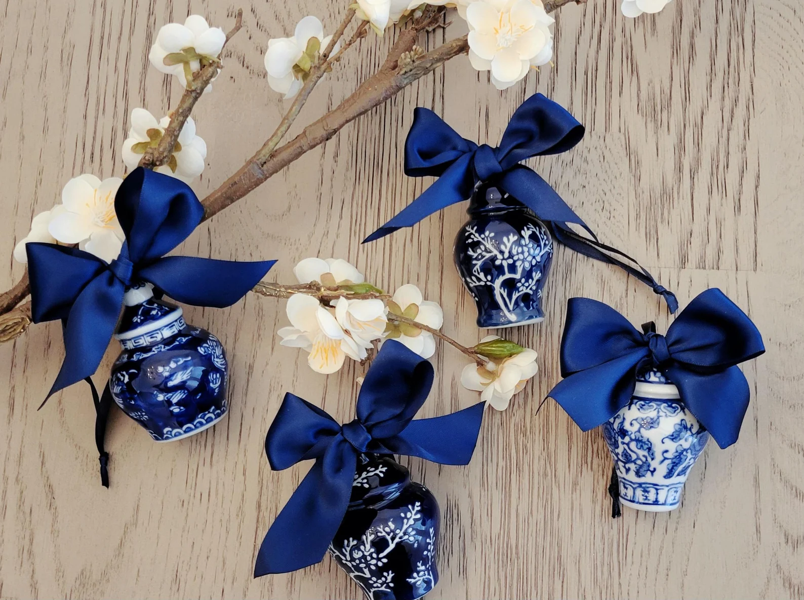 Ceramic Ginger Jar Ornaments — Blue & White with Navy Bows