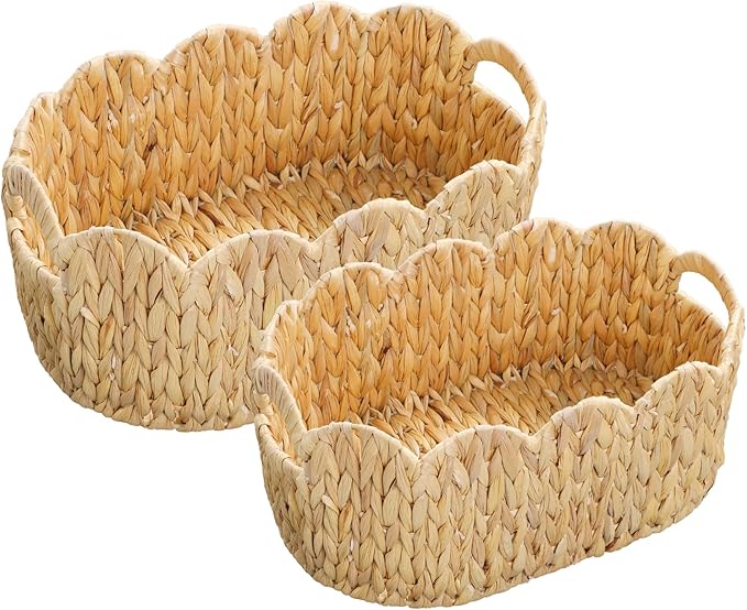 Coeusy Scalloped Water Hyacinth Baskets, Hand-Woven (Set of 2)
