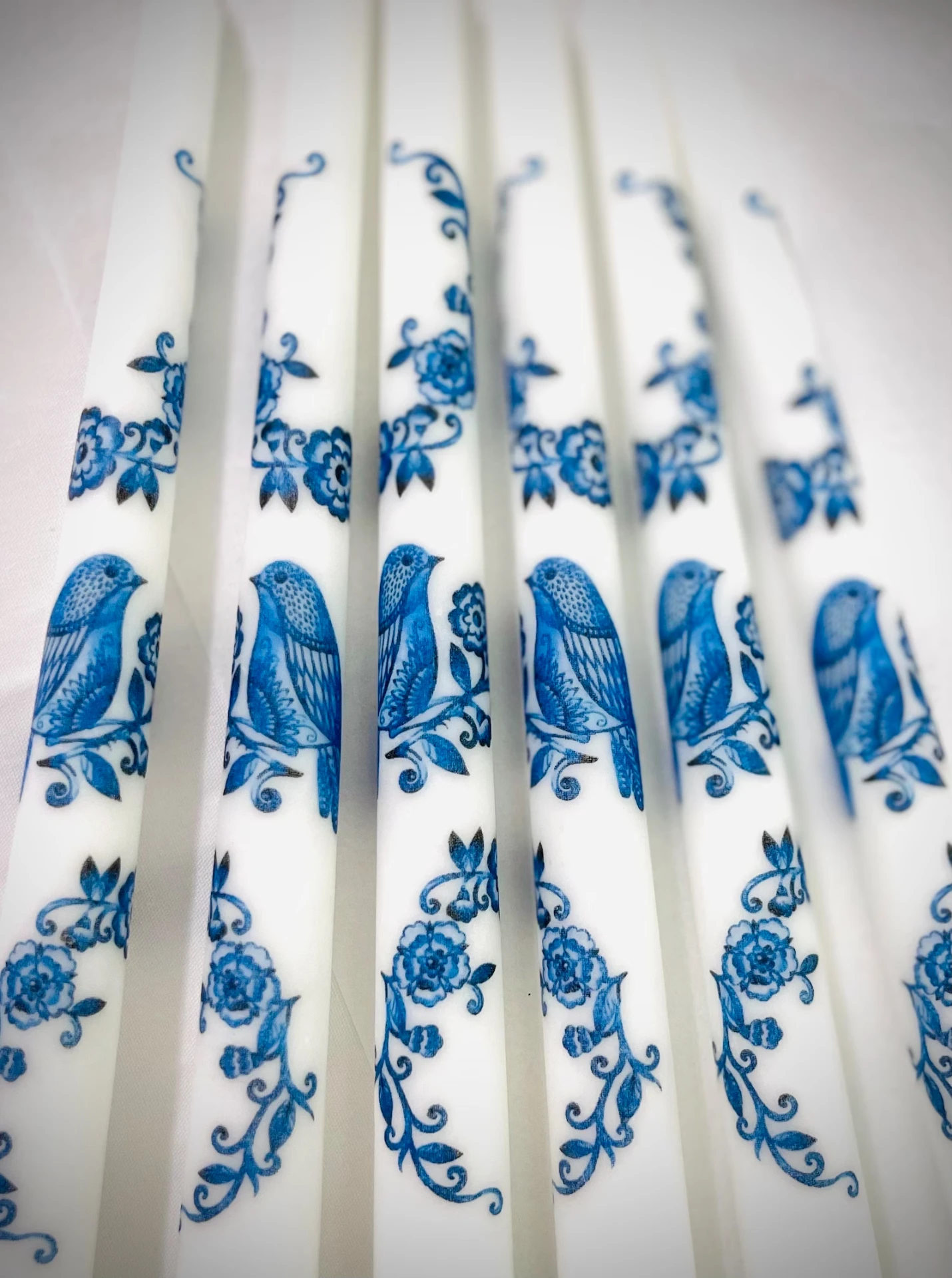 Chinoiserie Taper Candles — Blue & White Floral and Birds