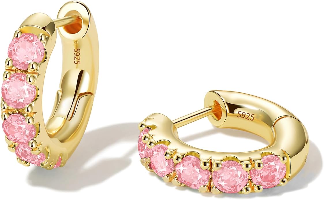 Gold Pink Gemstone Huggie Hoop Earrings — S925