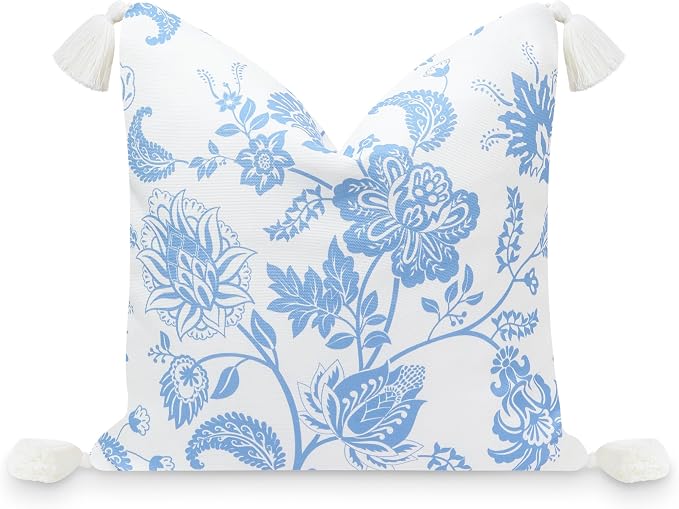 Hofdeco Blue Jacobean Floral Outdoor Pillow with Ivory Tassels