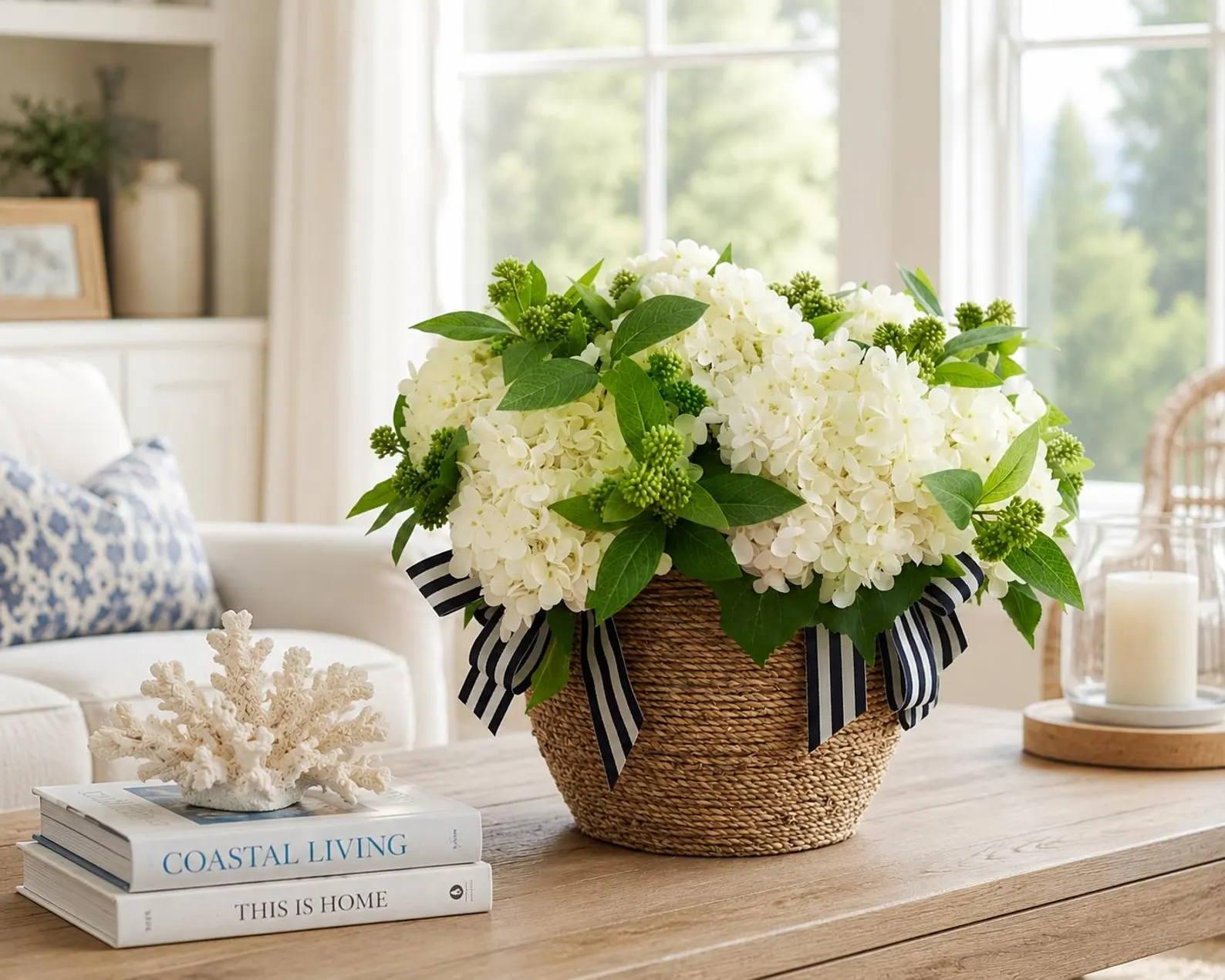 Faux White Hydrangea Arrangement in Rope Basket