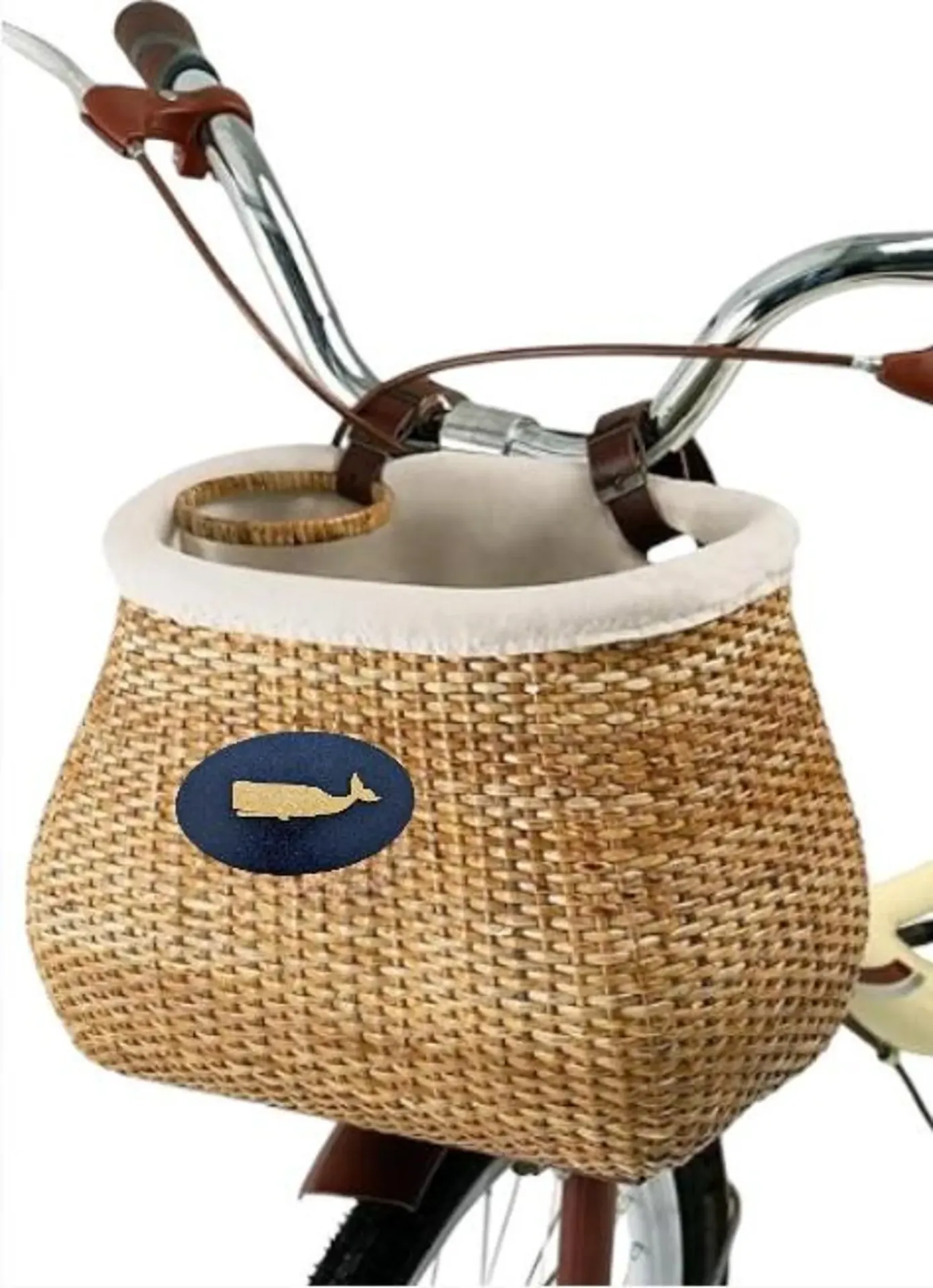 Nantucket-Style Wicker Bicycle Basket with Whale Patch