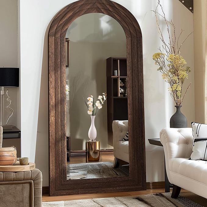 ZHUNFA Arched Full-Length Mirror with Solid Wood Frame, 71" x 32" — Brown