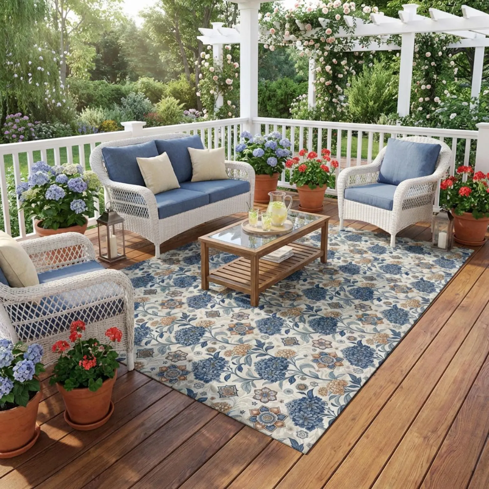 Blue Floral Venetian Outdoor Patio Rug — Cottage Garden