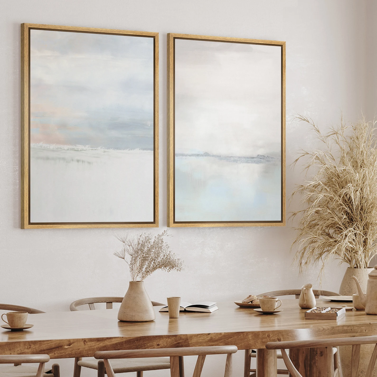 DustinWay Framed Canvas Wall Art, Set of 2 — Gray Watercolor Coastal Horizon