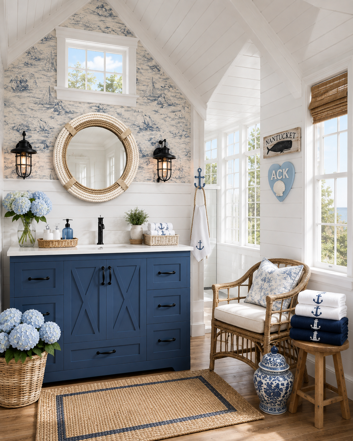 Coastal Nantucket bathroom with a navy blue barn-door vanity, ivory and jute rope round mirror, black seeded-glass wall sconces, sailboat toile wallpaper, white shiplap, an anchor rope wall hook with embroidered towel, a NANTUCKET whale block sign and an ACK scallop heart sign.