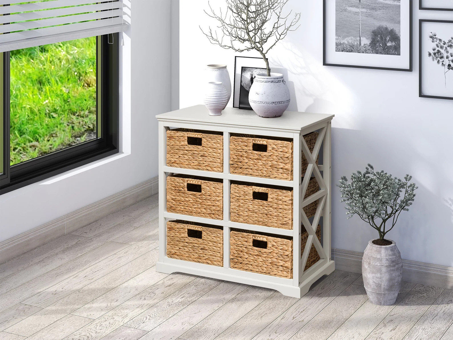 3-Tier X-Side End Storage Cabinet — 6 Water Hyacinth Wicker Baskets