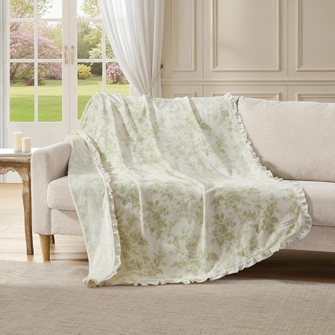 Laura Ashley Annalise Green Botanical Ruffle Plush Throw 50" × 70"