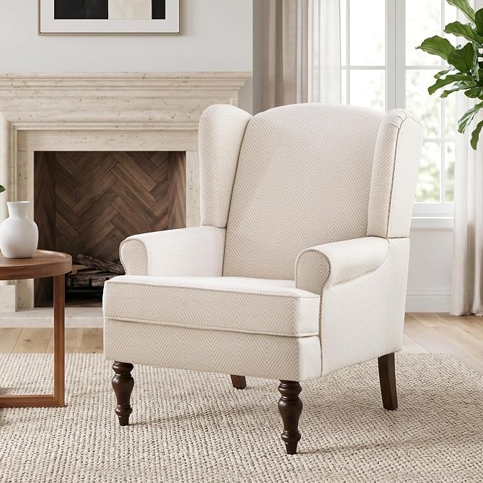 HUIMO Printed Linen Wingback Armchair — Ivory with Fine Lines