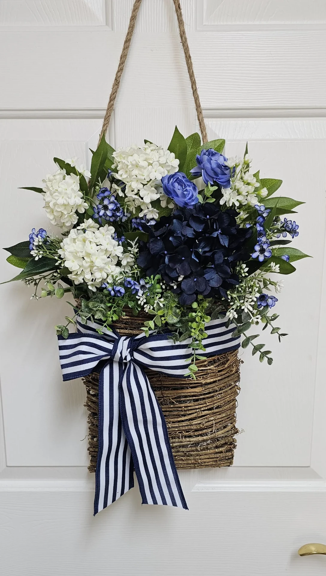 Navy Blue Hydrangea Door Basket — Coastal Front Door Hanger