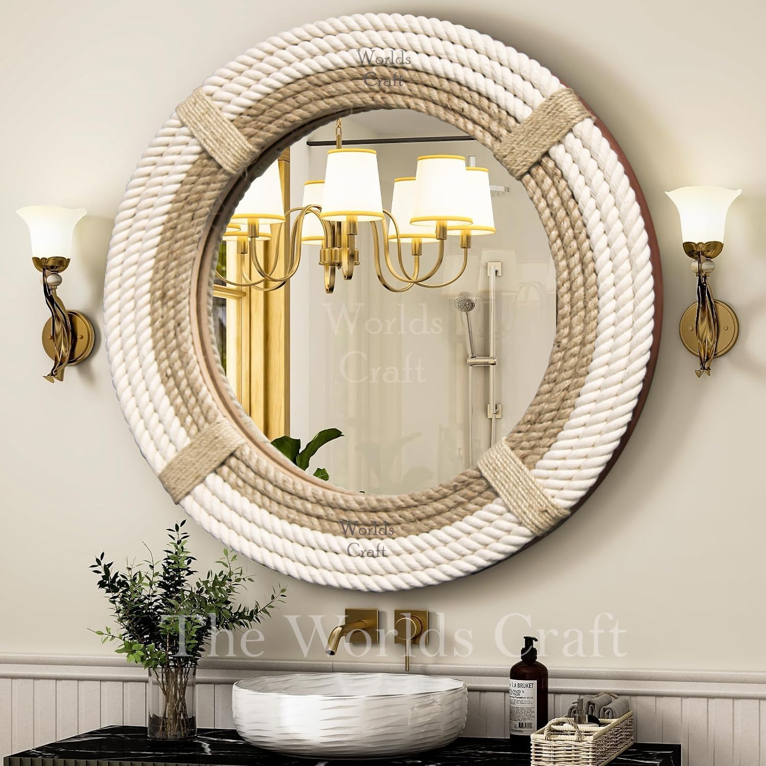 Worlds Craft Nautical Hampton Twisted Rope Round Wall Mirror — Ivory & Jute
