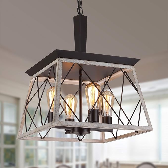 Q&S Farmhouse Vintage 4-Light Lantern Chandelier — Oil-Rubbed Bronze & Oak White