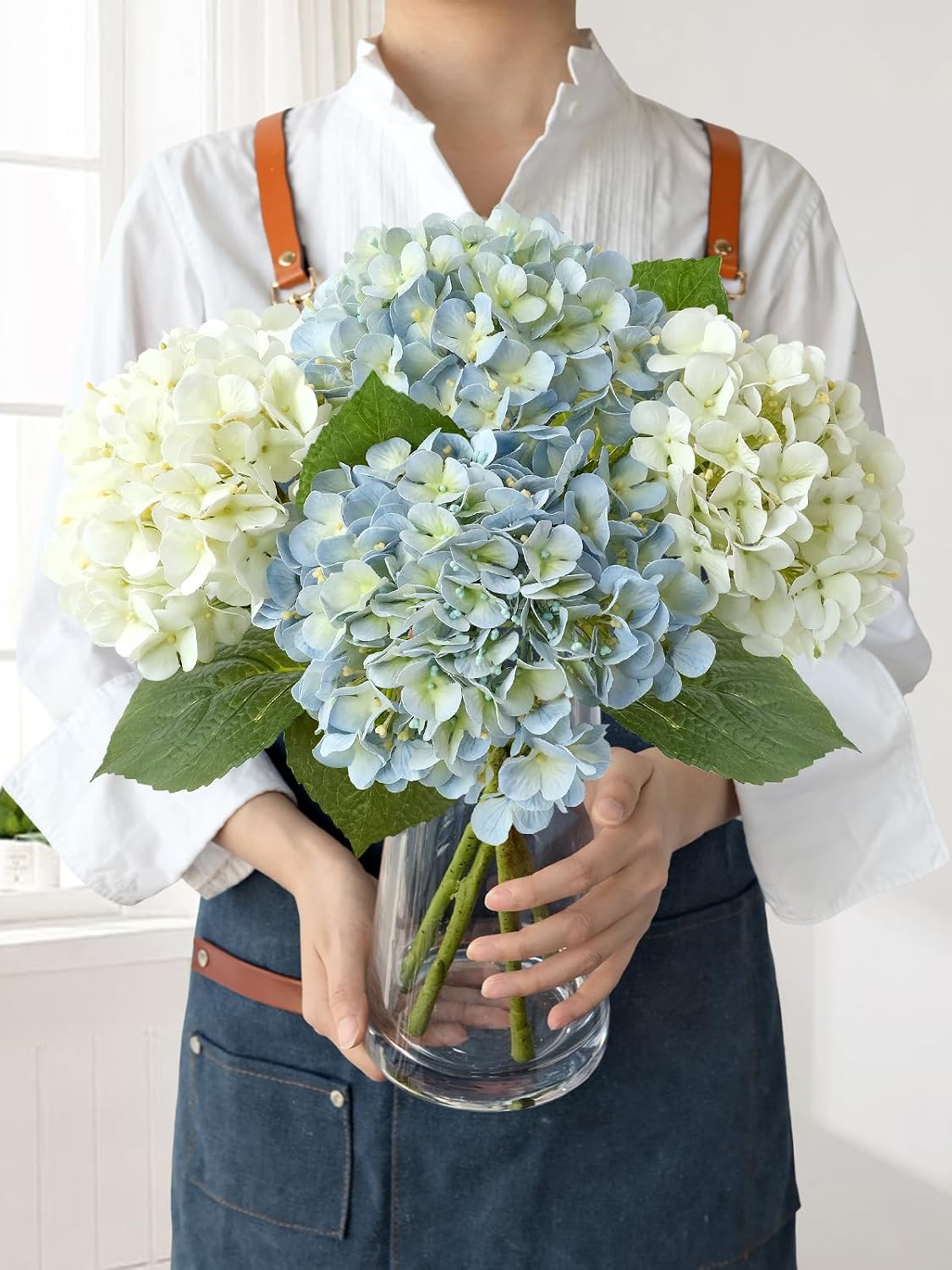 JINWOE Oversized Faux Hydrangea Stems, Set of 5 — Blue & Cream