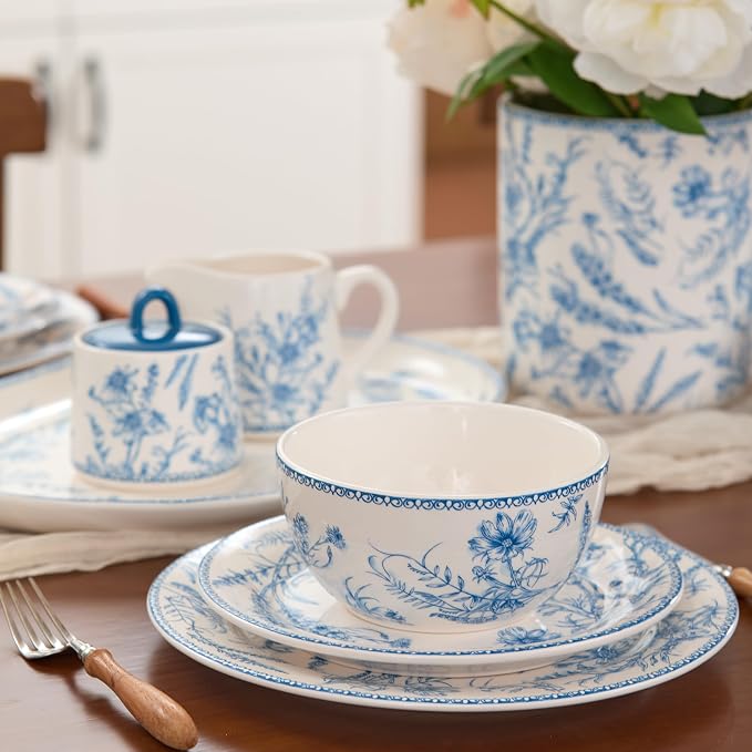 Bico Blue Garden Toile de Jouy Ceramic Cereal Bowls, 26 oz (Set of 4)