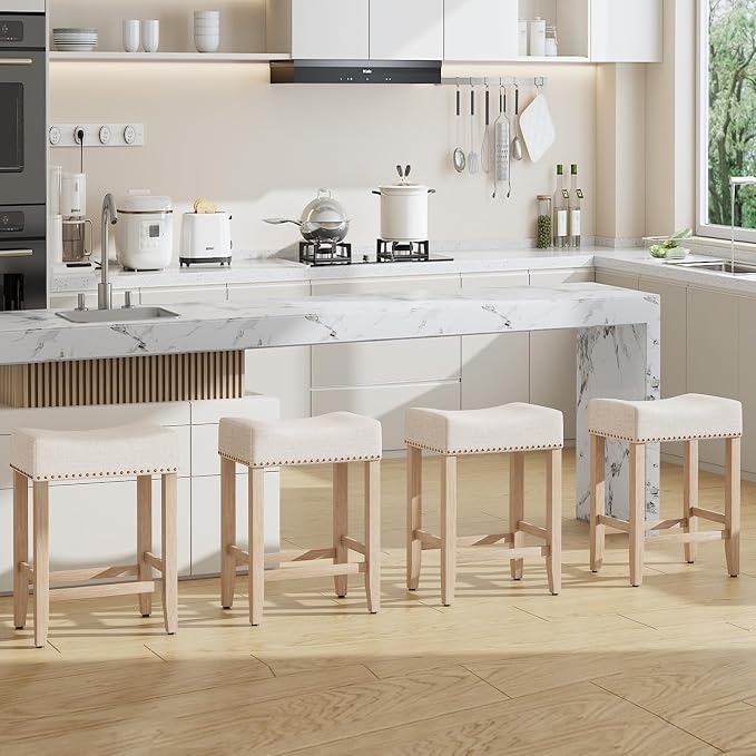 Furniliving Beige Upholstered Saddle Counter Stools, 26" (Set of 2)
