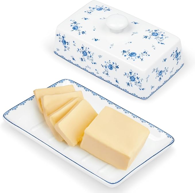 Blue Floral Porcelain Butter Dish with Lid