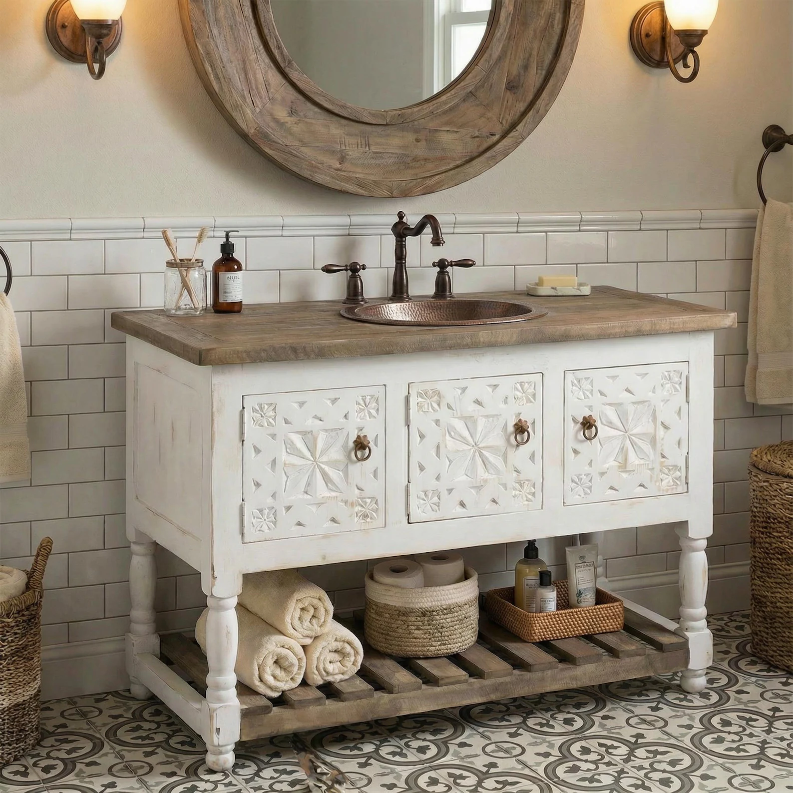 Star White Reclaimed Wood Bathroom Vanity — Carved Cabinet with Copper Sink & Rustic Plank Top