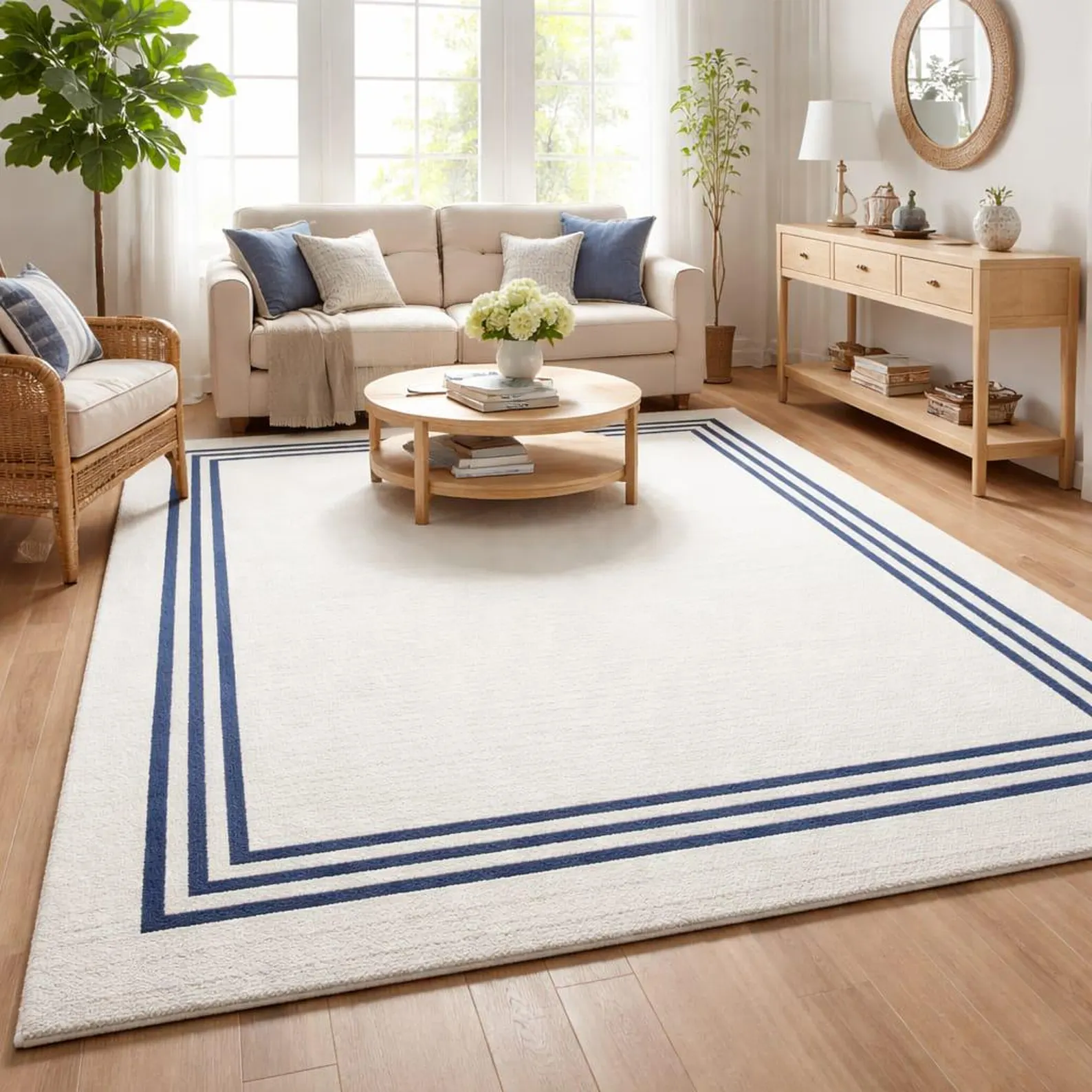 Ivory & Blue Triple-Border Coastal Farmhouse Area Rug