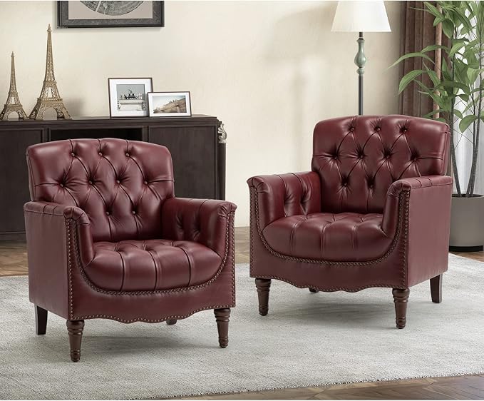 HULALA HOME Top-Grain Leather Button-Tufted Armchairs — Burgundy (Set of 2)