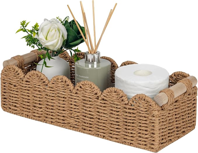 CubesLand Scalloped Woven Storage Basket with Wood Handles
