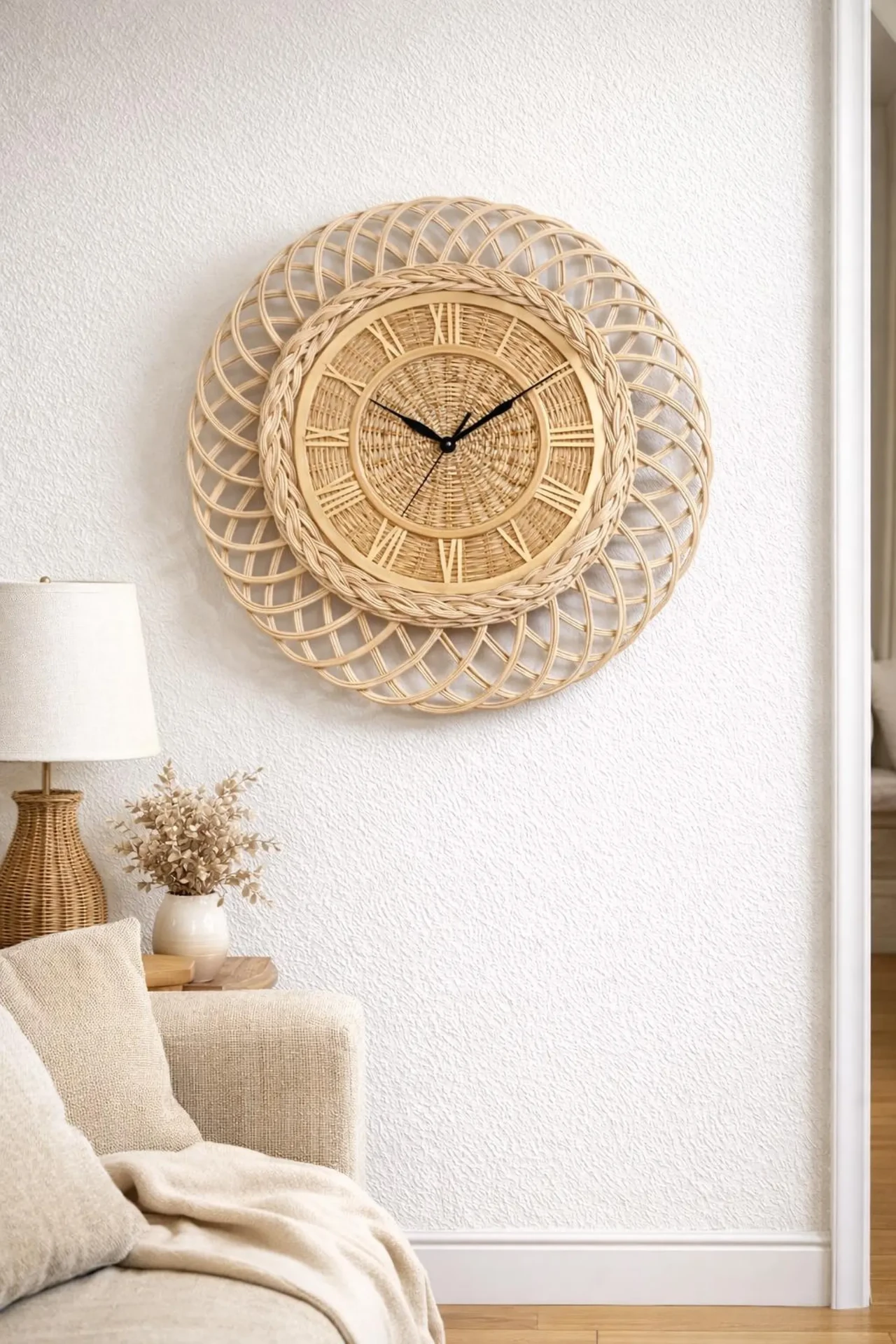 Boho Rattan Wall Clock — Handwoven Wicker Roman Numeral Clock