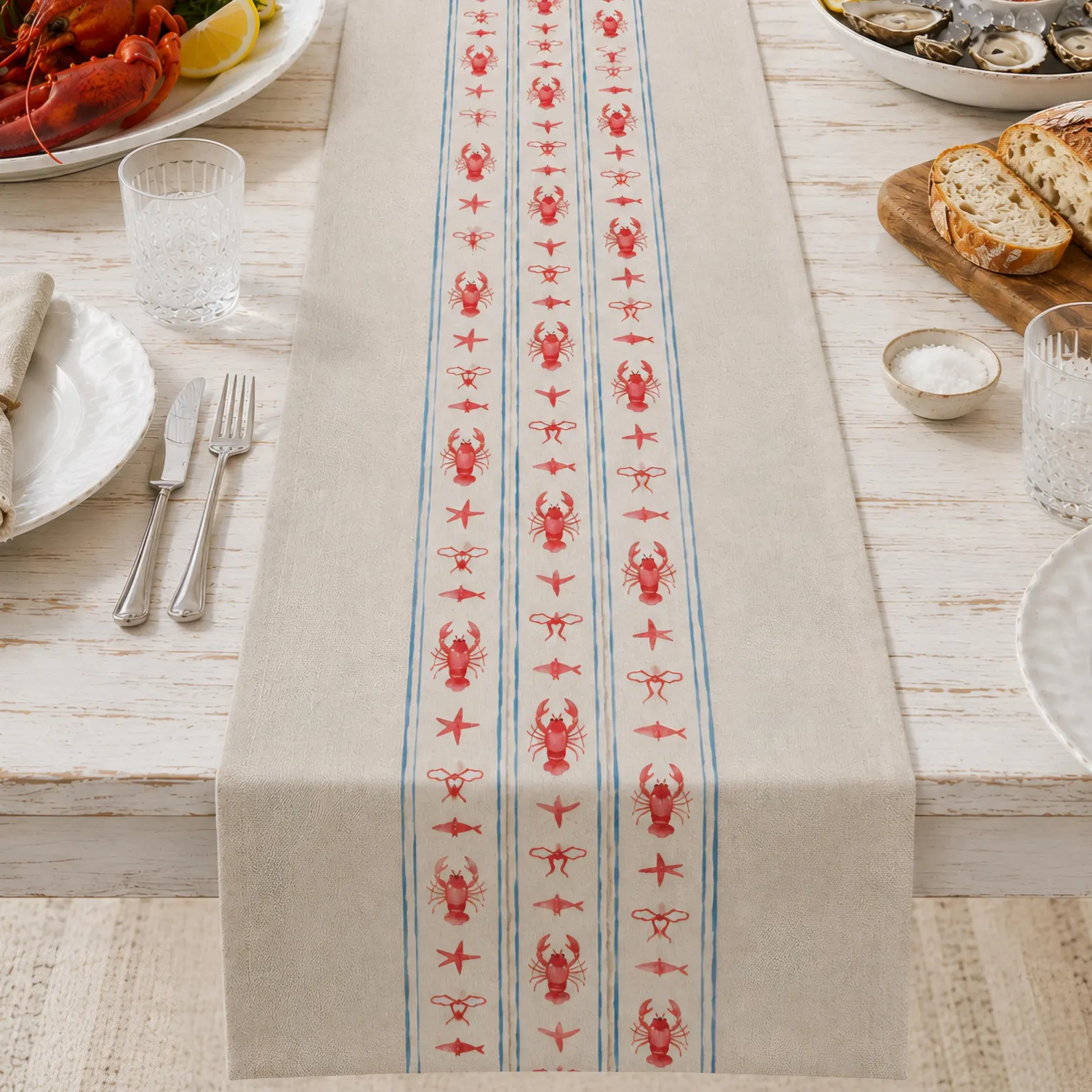 Coastal Lobster Italian Linen Table Runner — Red Lobsters & Blue Stripes
