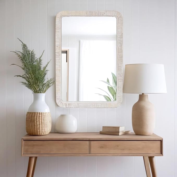 Whitewashed Wood Coastal Wall Mirror — Ridged Rectangle