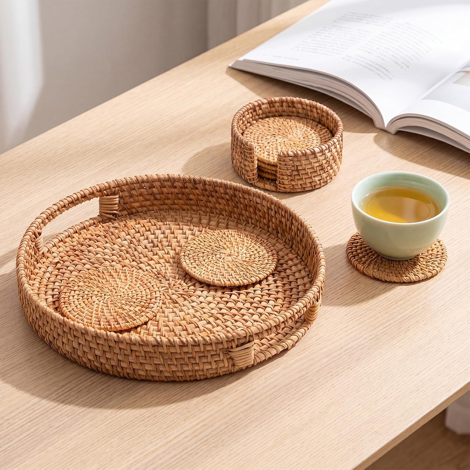 Tiangrid Round Rattan Serving Tray with Handles + 6 Coasters & Holder