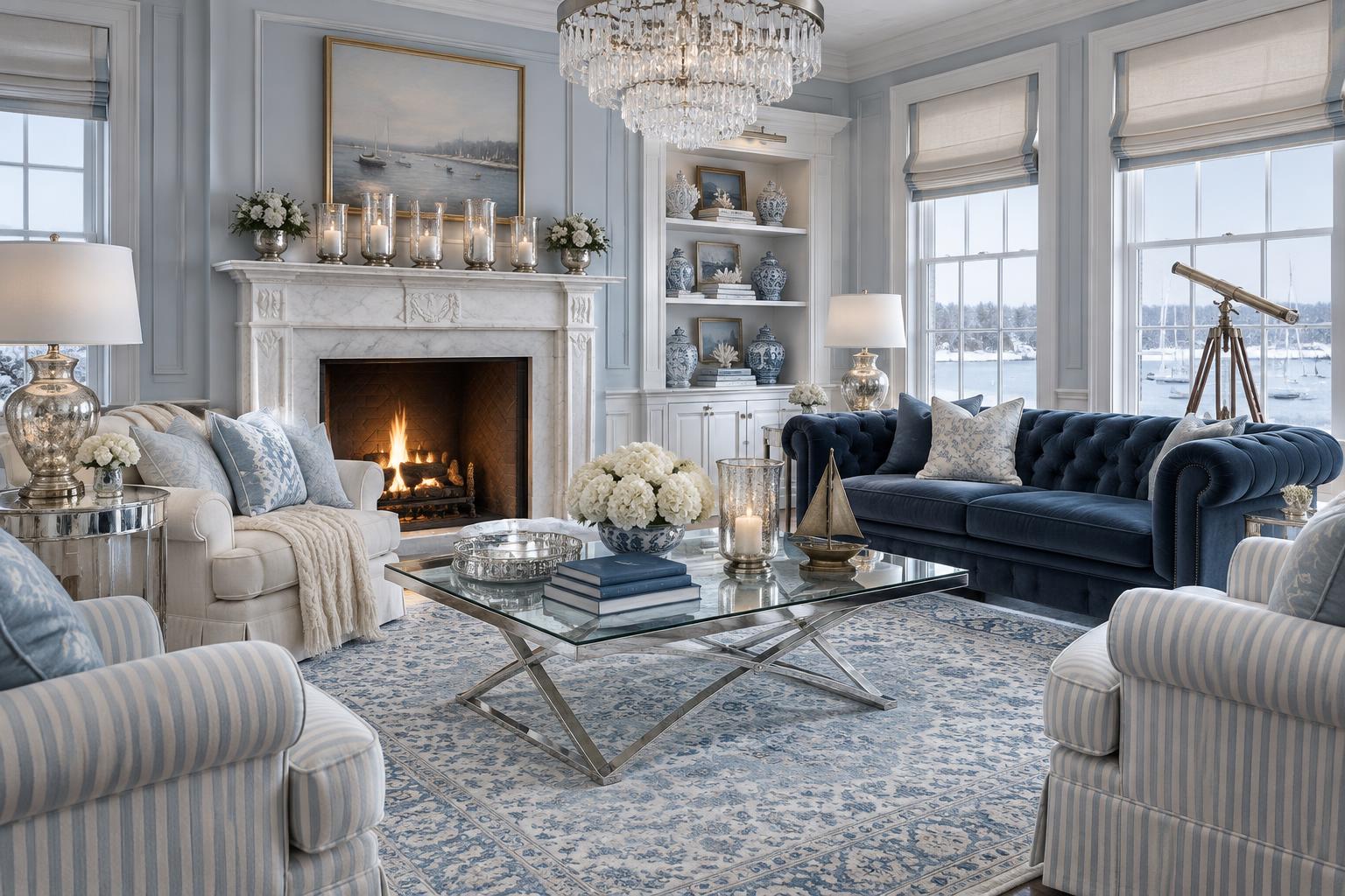 Icy blue winter living salon with a white marble mantel, crystal cascade chandelier, navy velvet chesterfield, cream roll-arm sofa, pale blue striped slipcovered swivel chairs, mercury glass lamps, mirrored end table, silver glass X-base coffee table styled with a silver tray, blue books, white hydrangeas, a mercury hurricane and a brass sailboat, a brass tripod telescope at the window and a faded icy blue Persian rug.