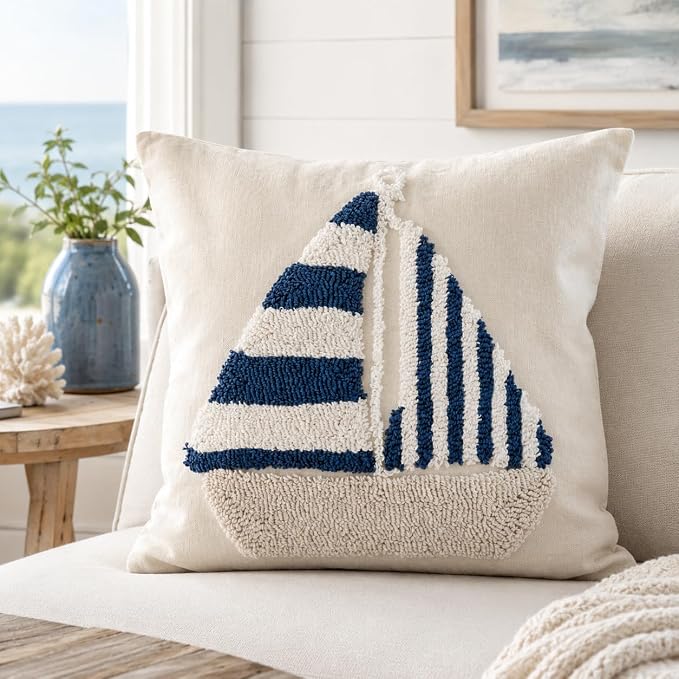 Nautical Sailboat 3D Punch-Needle Embroidered Pillow Cover (18x18)