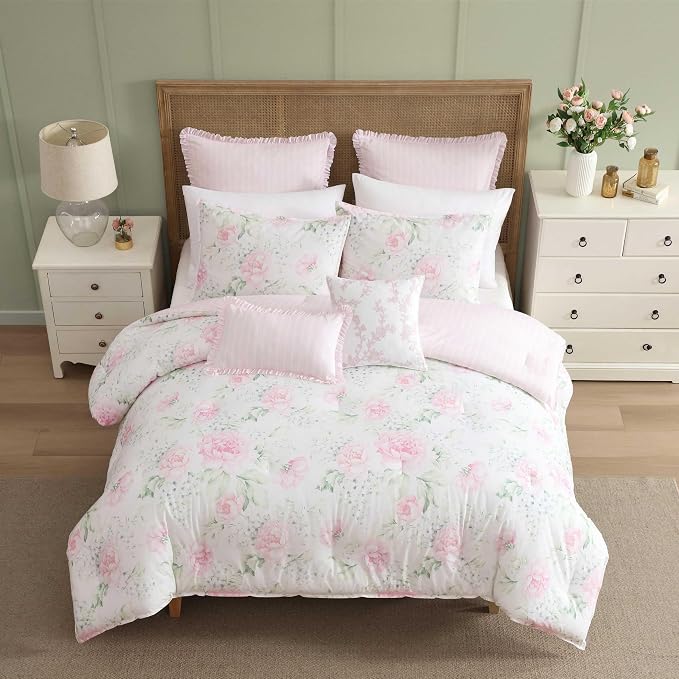 Pink Peony Floral Comforter Set with Ruffled Stripe Shams