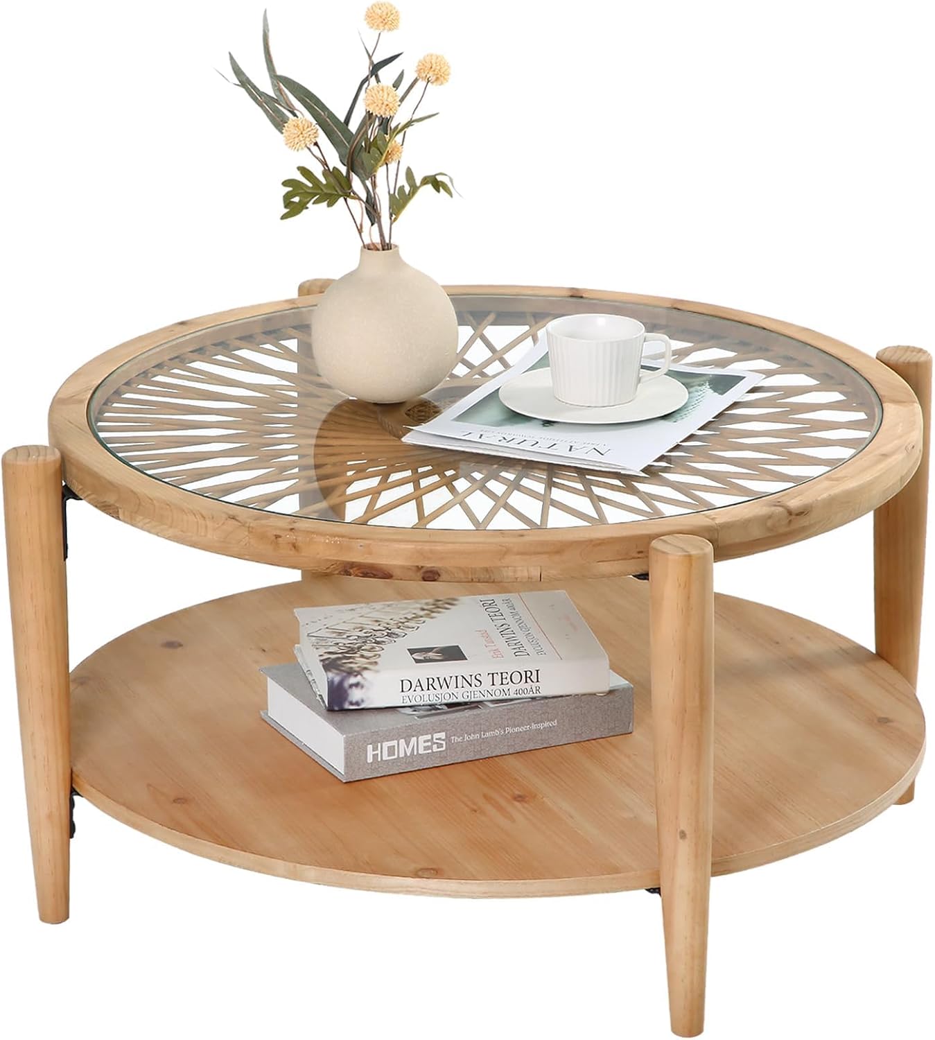 RUSTOWN 2-Tier Round Rattan Coffee Table with Tempered Glass Top (29")