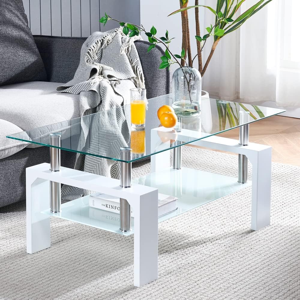 White Rectangular 2-Tier Glass Coffee Table