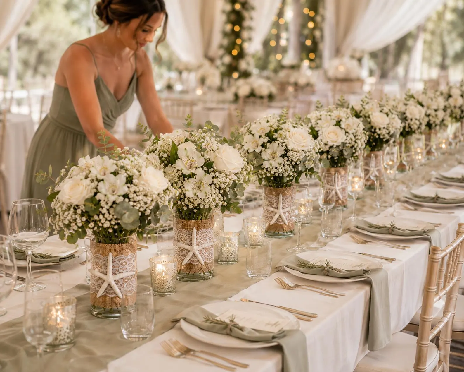 Starfish & Lace Cylinder Vase Centerpieces — Beach Wedding Table Decor