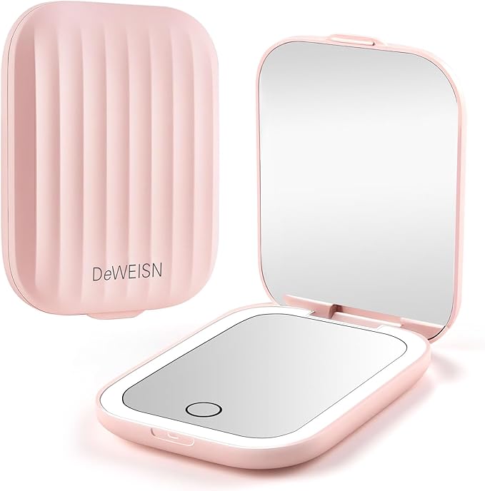 DeWEISN LED Rechargeable Travel Compact Mirror — Blush Pink