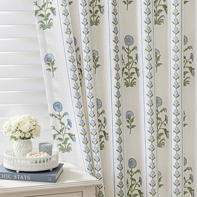 Blue & White Floral Pinch Pleated Linen Curtains — 40" W x 96" L