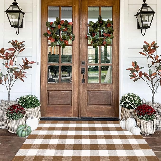 Brown & White Buffalo Check Layering Porch Rug, 35" x 59"