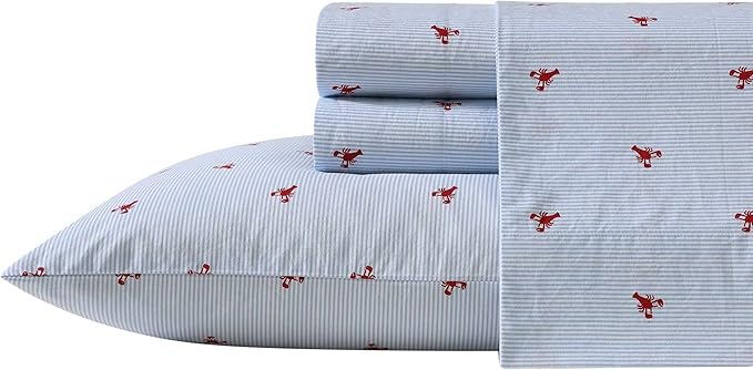 Blue Ticking Stripe & Red Lobster Cotton Sheet Set