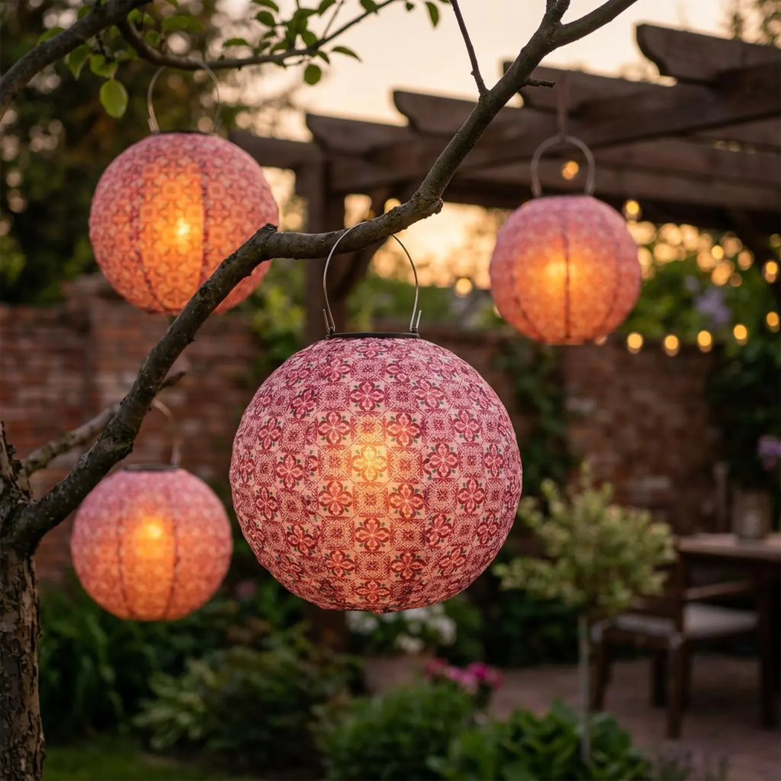 Solar Hanging Lantern — Pink Moroccan Tile Garden Globe