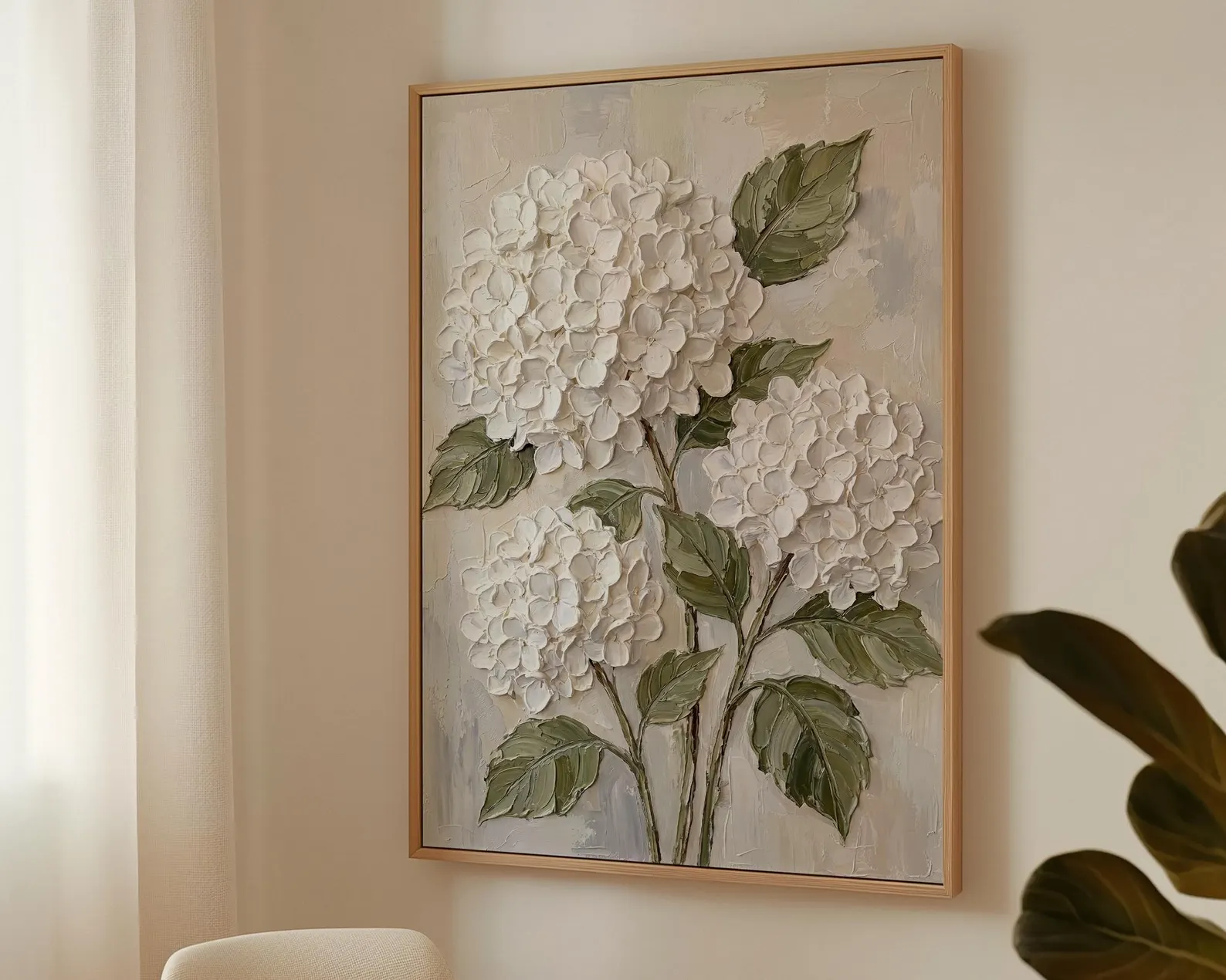 White Hydrangea Textured Canvas Wall Art — Neutral French Country Botanical