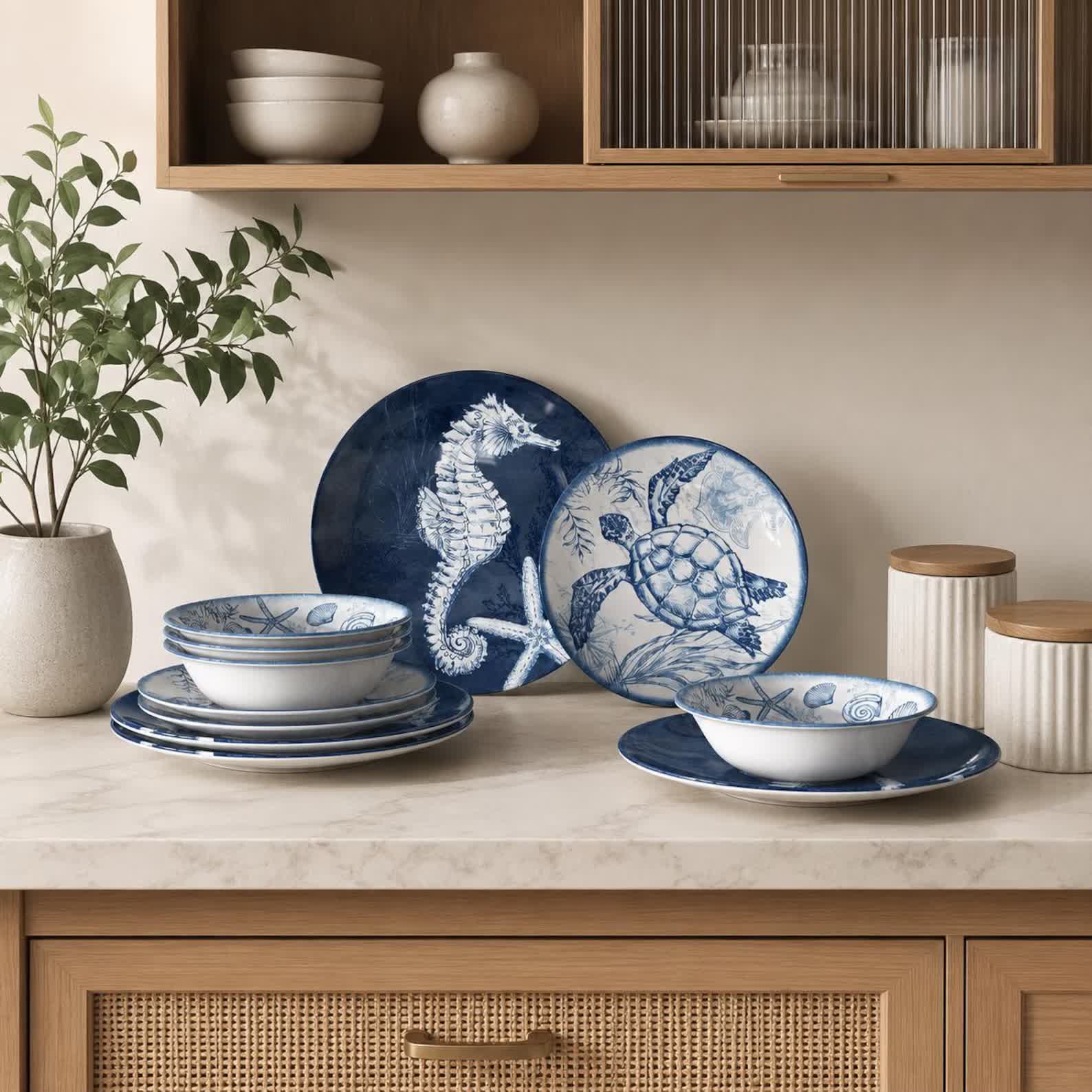 Oceanic Melamine Dinnerware Set for 4 — 12-Piece Coastal Tableware