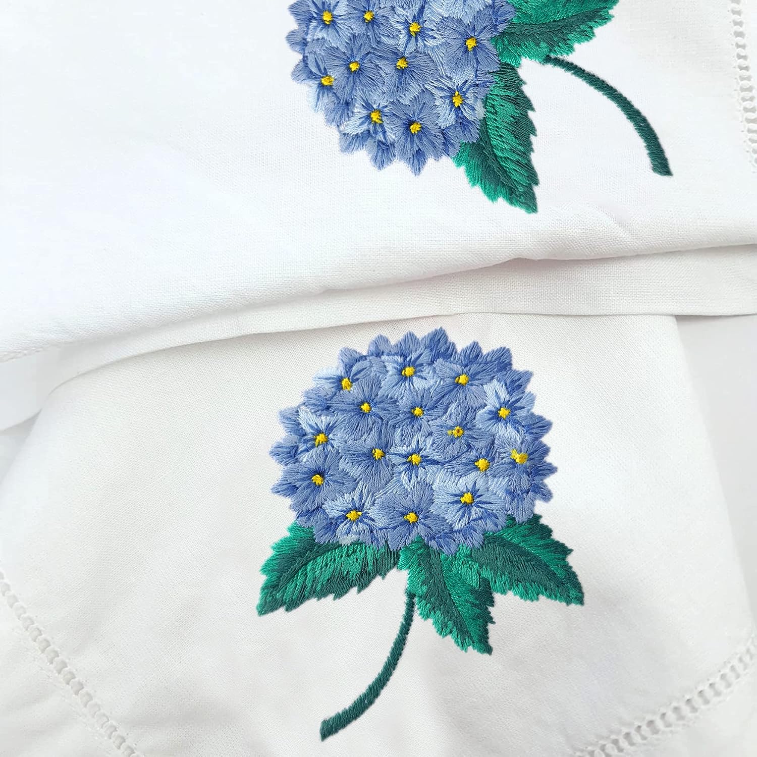 Blue Hydrangea Hand-Embroidered Hemstitched Linen Napkins (Set of 4)